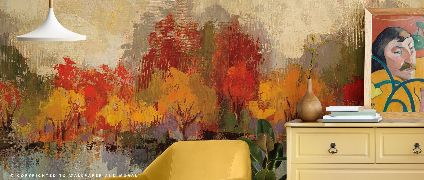 Seasonal richness develops in Autumn River Reflection Wallpaper through tones of orange and rust, surrounding living rooms or lounges with atmosphere filled with cultural resonance, calm refinement, and elegance that shapes interiors with timeless harmony