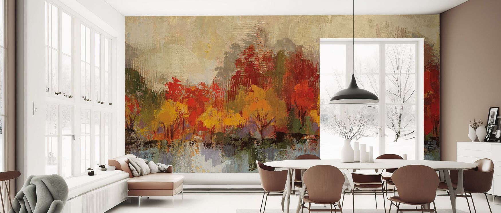 Elegance reflects in Autumn River Reflection Wallpaper through mirrored surfaces enriched in autumnal tones, surrounding lounges or bedrooms with atmosphere of cultural resonance, warm sophistication, and timeless calm, shaping interiors into poetic seaso