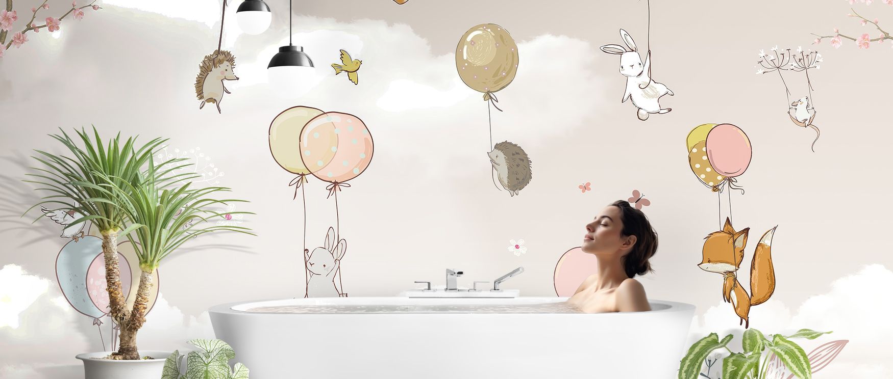 Balloons drift across Balloon Flight Scene Wallpaper in playful colors, surrounding bedrooms or lounges with atmosphere of imaginative resonance, cultural charm, and timeless refinement, shaping interiors into lively spaces enriched by creativity, serenit