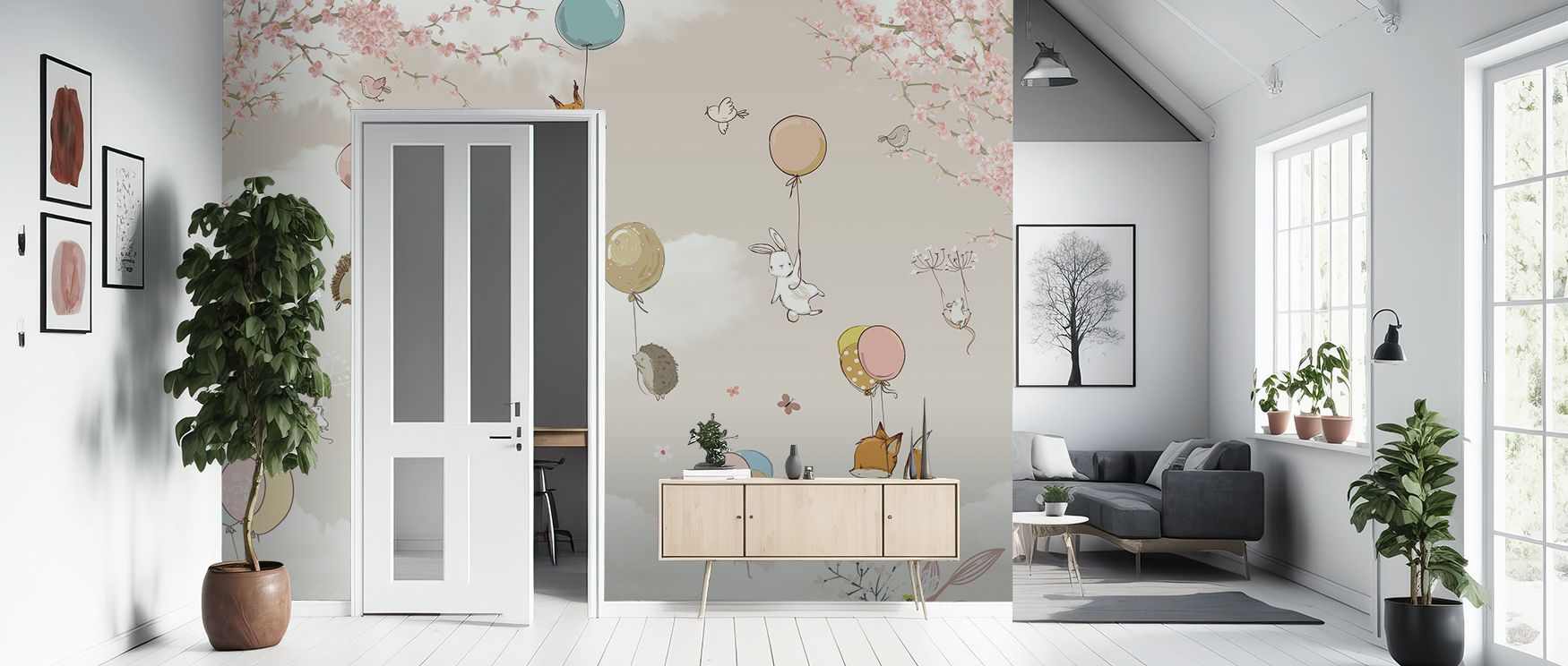 Imaginative presence shines in Balloon Flight Scene Wallpaper through balloons rising across surfaces, enriching bedrooms or lounges with atmosphere guided by cultural resonance, playful energy, and calm sophistication, building interiors into balanced sp
