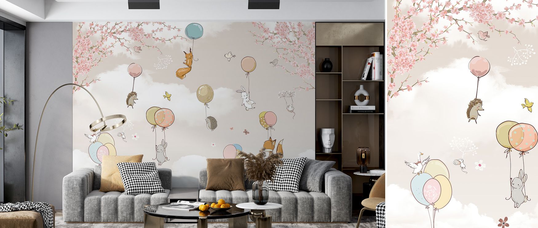 Playful charm radiates from Balloon Flight Scene Wallpaper in drifting layers, surrounding bedrooms or living rooms with atmosphere enriched by cultural resonance, imaginative refinement, and elegant poise, creating interiors that glow with whimsy and tim