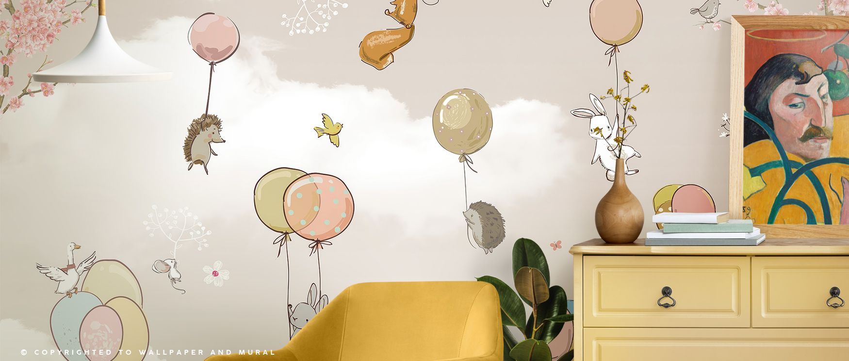 Wonder develops in Balloon Flight Scene Wallpaper as balloons float with elegance, surrounding living rooms or lounges with atmosphere of playful resonance, cultural grounding, and timeless refinement, enriching walls with whimsical artistry and imaginati