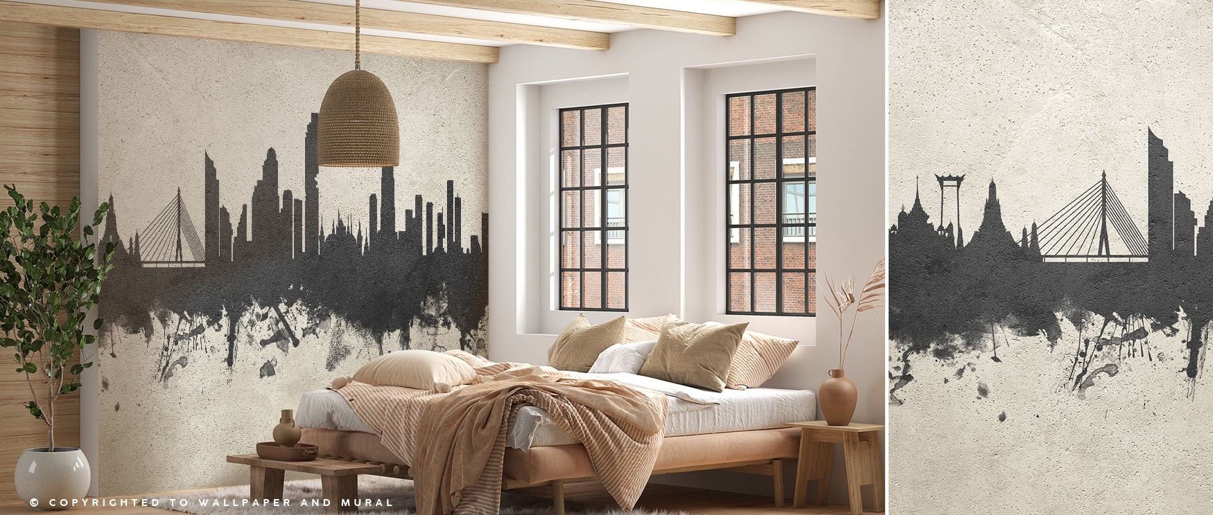 Silhouettes extend in Bangkok Thailand Skyline Concrete Wallpaper across muted tones, enriching bedrooms or lounges with atmosphere guided by cultural grounding, calm resonance, and timeless refinement, turning interiors into balanced spaces enriched by h