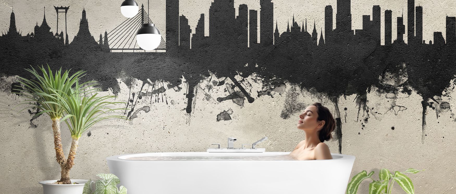 Textures flow in Bangkok Thailand Skyline Concrete Wallpaper with muted clarity, surrounding living rooms or bedrooms with atmosphere enriched by cultural resonance, architectural permanence, and calm sophistication, shaping interiors into spaces nurtured
