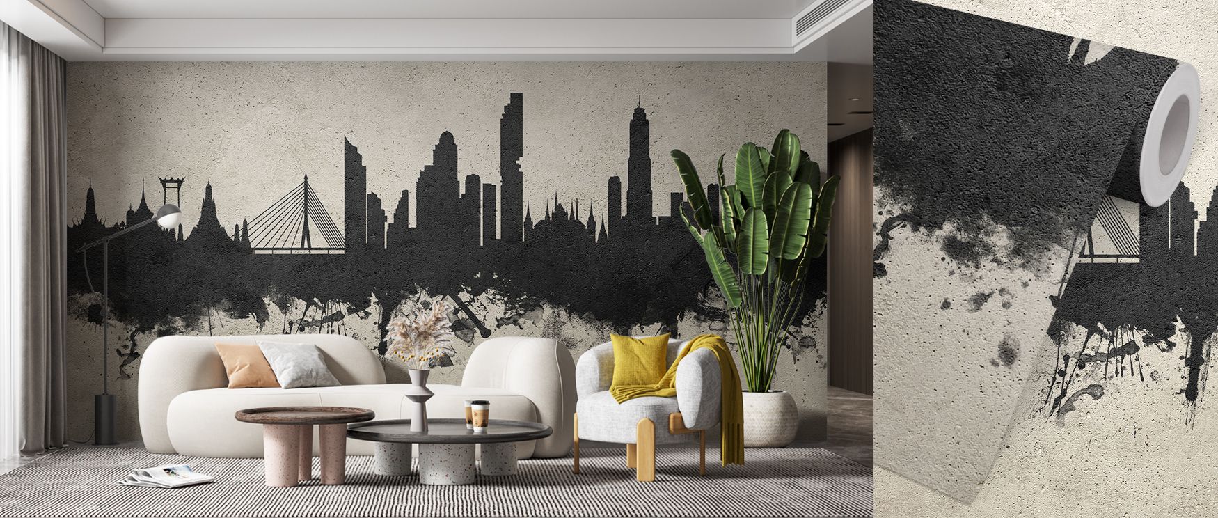 Horizons rise in Bangkok Thailand Skyline Concrete Wallpaper across softened surfaces, presenting lounges or dining areas with atmosphere enriched by cultural grounding, calm resonance, and elegant refinement, enriching interiors with historical depth and
