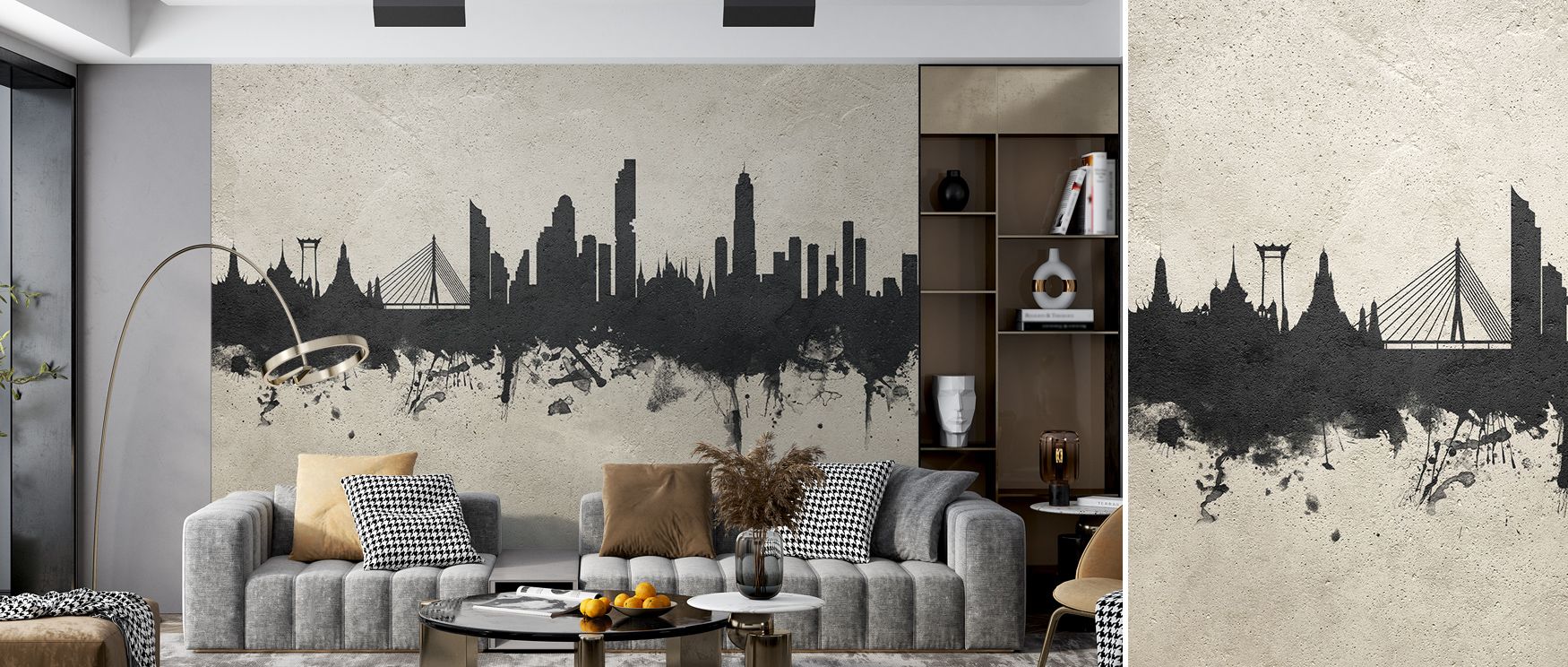 Poise unfolds in Bangkok Thailand Skyline Concrete Wallpaper as silhouettes stretch across muted surfaces, enriching bedrooms or dining spaces with atmosphere guided by cultural resonance, calm sophistication, and timeless grounding expressed in heritage-