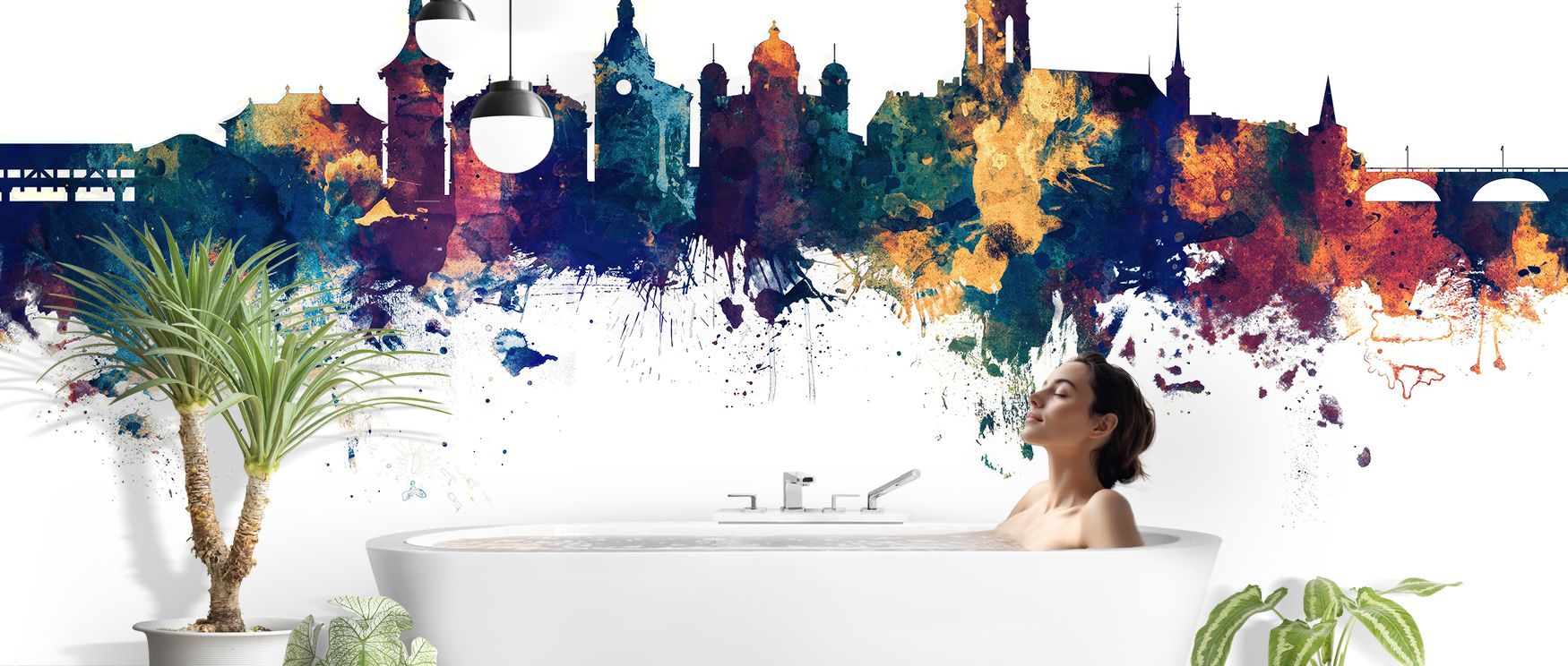 Radiance develops in Bern Switzerland Skyline Blue & Bronze Wallpaper as silhouettes shine across blue depths, surrounding living rooms or lounges with atmosphere enriched by cultural grounding, luminous refinement, and timeless resonance, shaping interio