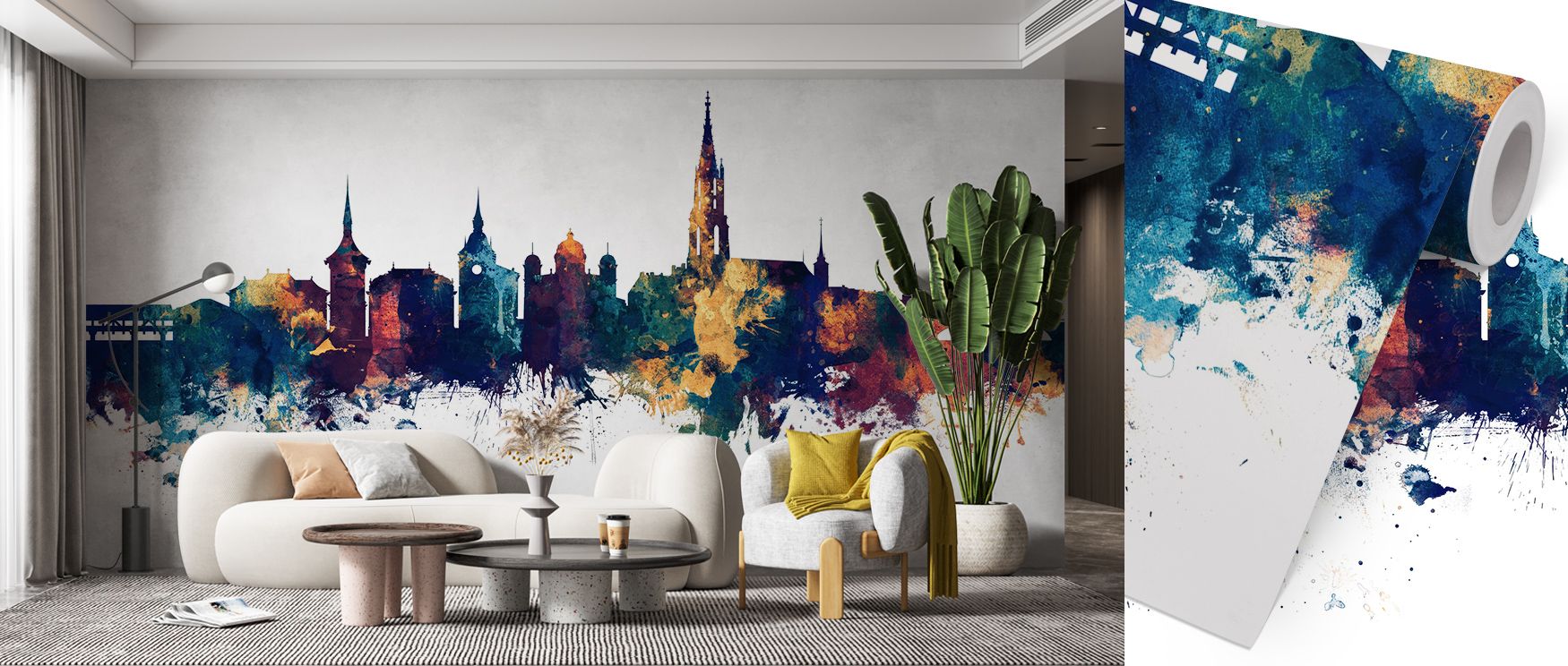 Architectural elegance reflects in Bern Switzerland Skyline Blue & Bronze Wallpaper across luminous tones, enriching lounges or dining areas with atmosphere enriched by cultural resonance, calm refinement, and artistic balance, turning interiors into heri