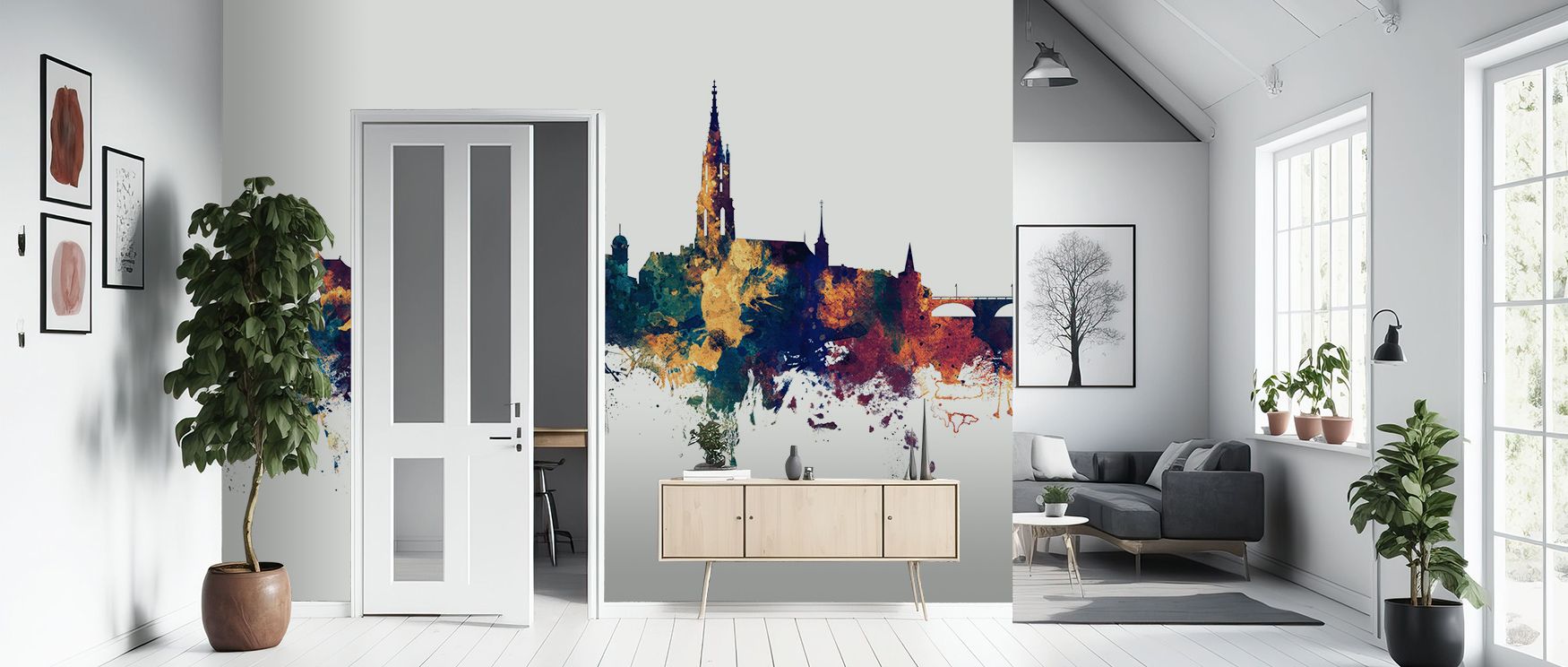 Cultural depth shines in Bern Switzerland Skyline Blue & Bronze Wallpaper through luminous contrasts, surrounding living rooms or bedrooms with atmosphere enriched by heritage grounding, calm elegance, and artistic refinement, creating interiors enriched 