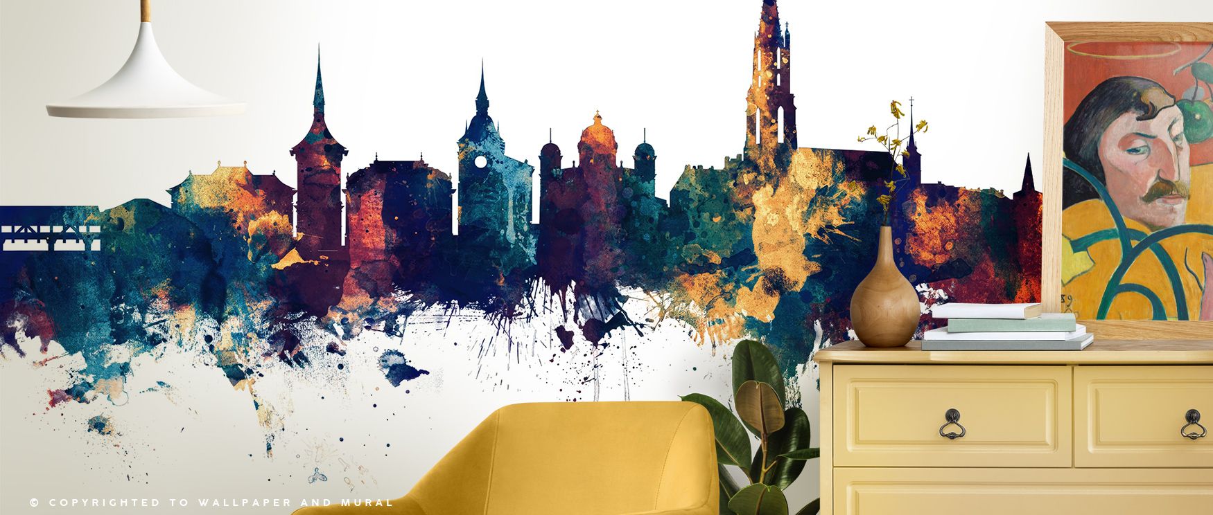 Heritage resonance flows in Bern Switzerland Skyline Blue & Bronze Wallpaper through bronze-crowned silhouettes, surrounding bedrooms or dining areas with atmosphere of calm refinement, cultural grounding, and luminous charm, shaping interiors into balanc