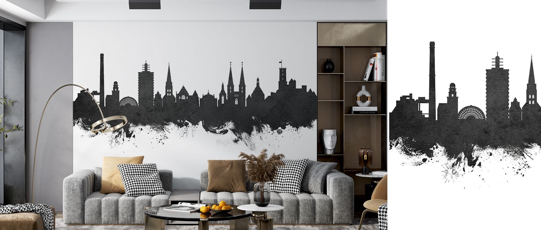 Heritage grounding builds in Bielefeld Germany Skyline Black & White Wallpaper across architectural silhouettes, surrounding living rooms or lounges with atmosphere guided by cultural resonance, calm refinement, and timeless elegance, transforming walls i