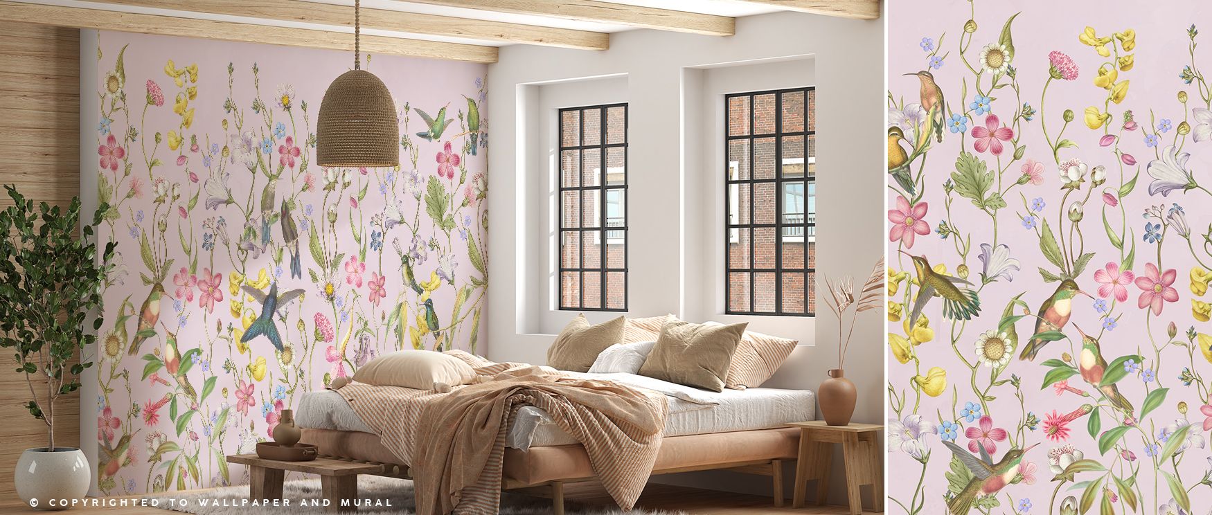 Rich tones in Bird Garden Dark Purple Wallpaper highlight graceful bird motifs, surrounding living rooms or bedrooms with atmosphere enriched by cultural grounding, whimsical resonance, and refined charm, creating interiors nurtured by imaginative presenc