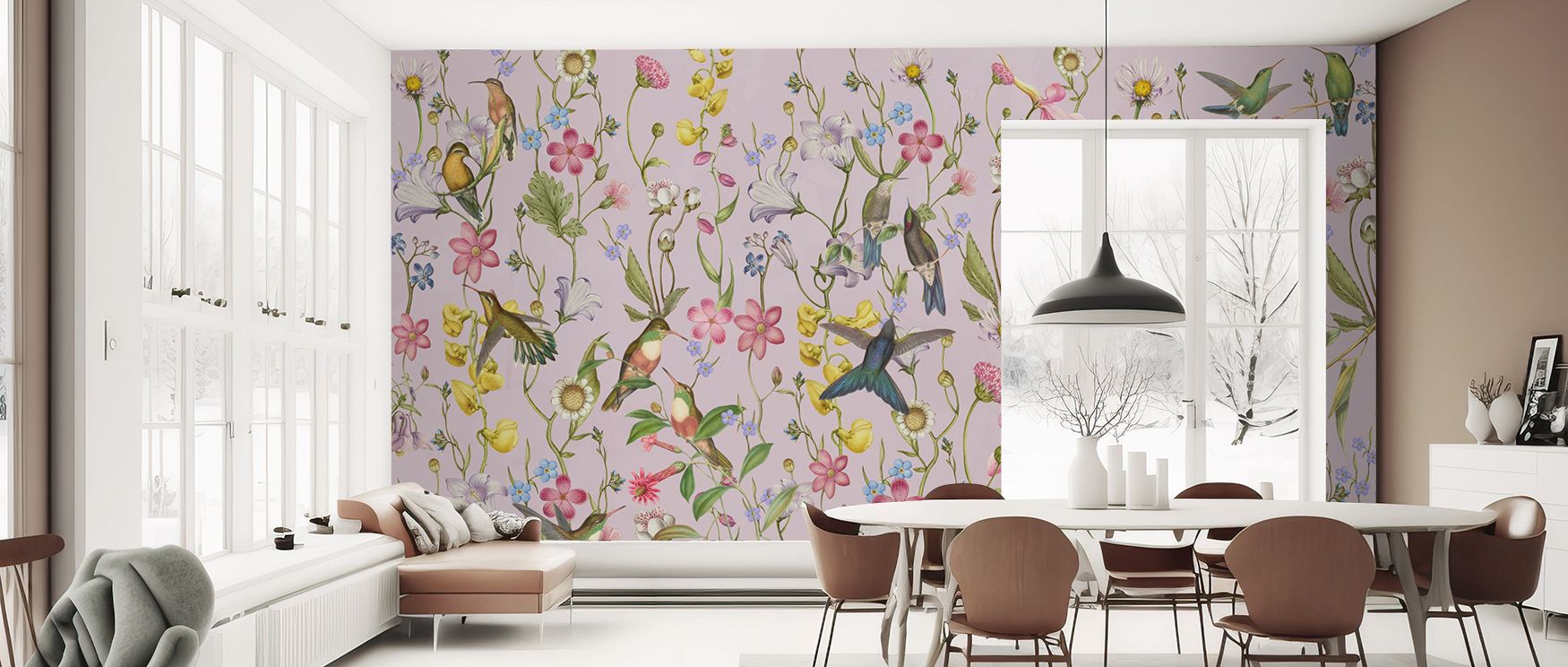 Imagination thrives in Bird Garden Dark Purple Wallpaper through graceful tones, enriching lounges or bedrooms with atmosphere enriched by cultural resonance, whimsical refinement, and artistic poise, nurturing interiors into timeless environments of bala