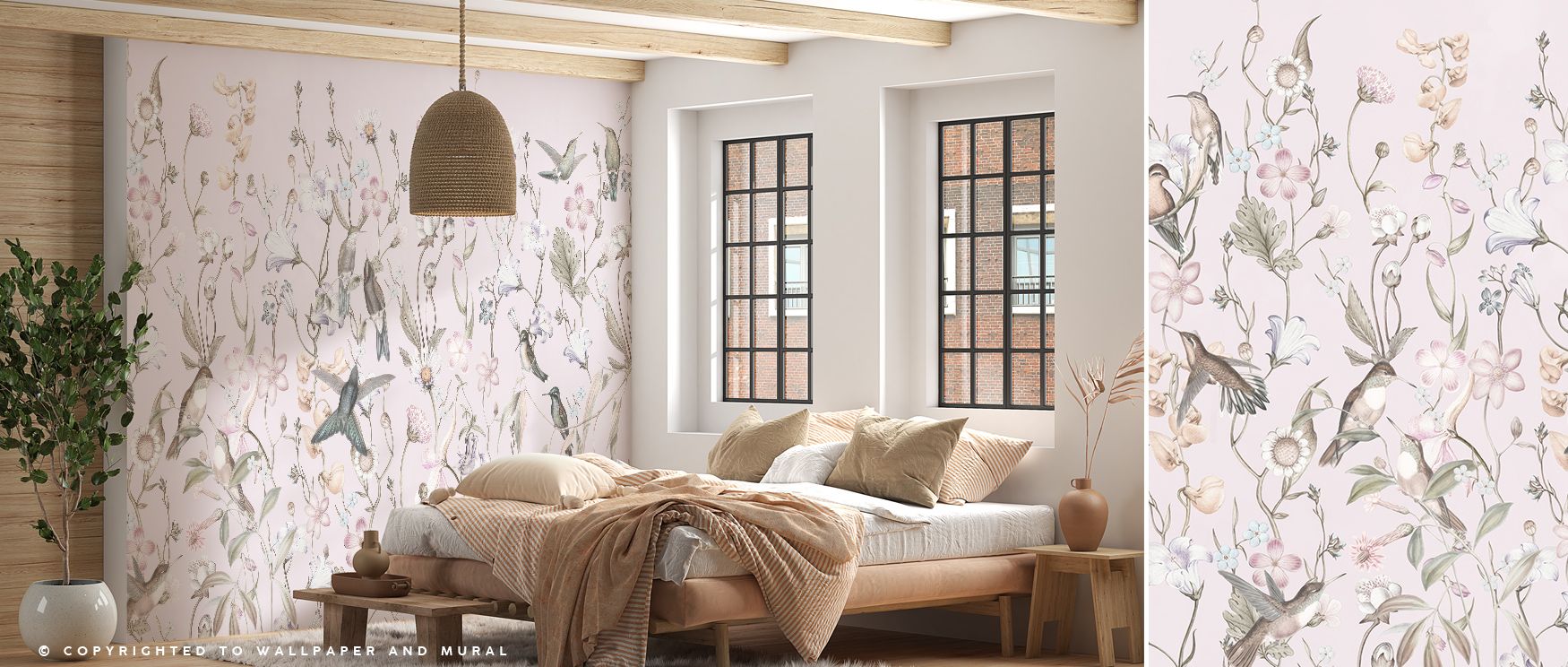 Soft tones highlight Bird Garden Light Pink Wallpaper as graceful motifs enrich living rooms or bedrooms with atmosphere guided by cultural resonance, whimsical elegance, and timeless refinement, shaping interiors into playful environments filled with sop
