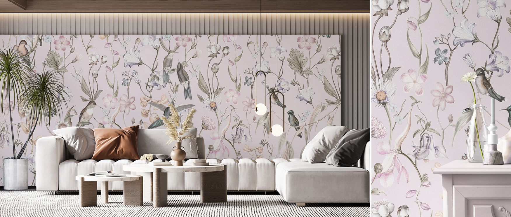 Playful resonance grows in Bird Garden Light Pink Wallpaper through delicate contrasts, enriching lounges or dining areas with atmosphere enriched by cultural resonance, whimsical charm, and elegant refinement, turning interiors into balanced spaces inspi