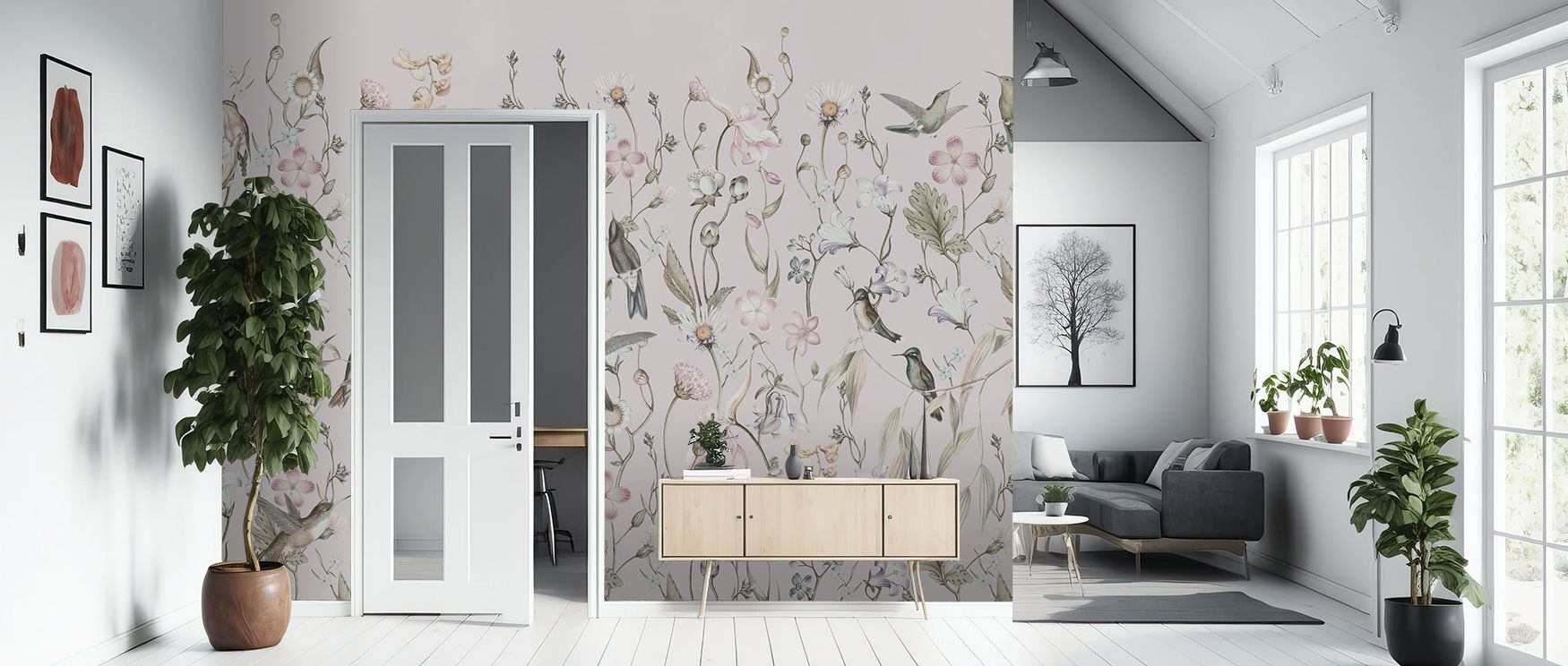 Harmony unfolds in Bird Garden Light Pink Wallpaper as motifs carry poetic elegance across surfaces, surrounding bedrooms or lounges with atmosphere of cultural resonance, playful refinement, and calm sophistication, enriching interiors into timeless gard