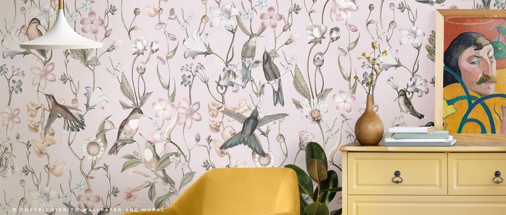 Whimsy radiates in Bird Garden Light Pink Wallpaper across gentle patterns, enriching living rooms or lounges with atmosphere guided by cultural resonance, imaginative charm, and elegant poise, nurturing interiors into graceful environments of timeless ar