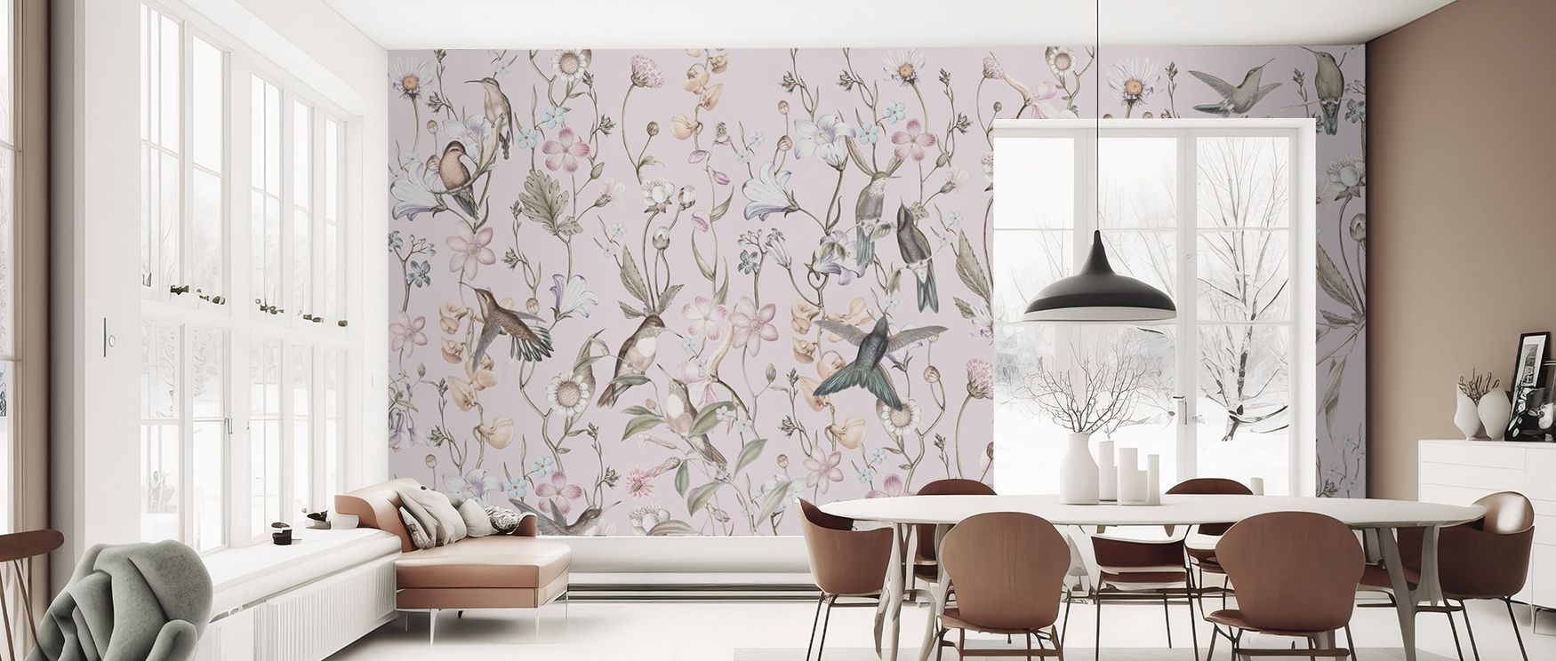 Elegance develops in Bird Garden Light Pink Wallpaper through motifs layered across soft tones, surrounding lounges or bedrooms with atmosphere enriched by cultural resonance, playful refinement, and timeless resonance, shaping interiors into whimsical ex
