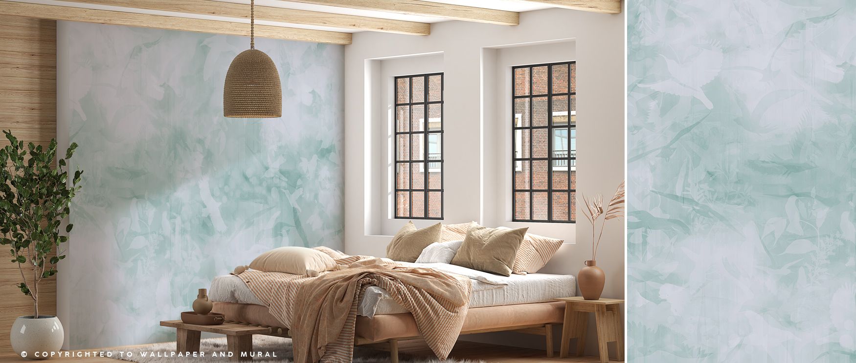 Gentle hues in Birds of Freedom Blueish Green Wallpaper highlight motifs in layered movement, surrounding living rooms or bedrooms with atmosphere enriched by cultural grounding, whimsical resonance, and timeless refinement, creating interiors guided by e