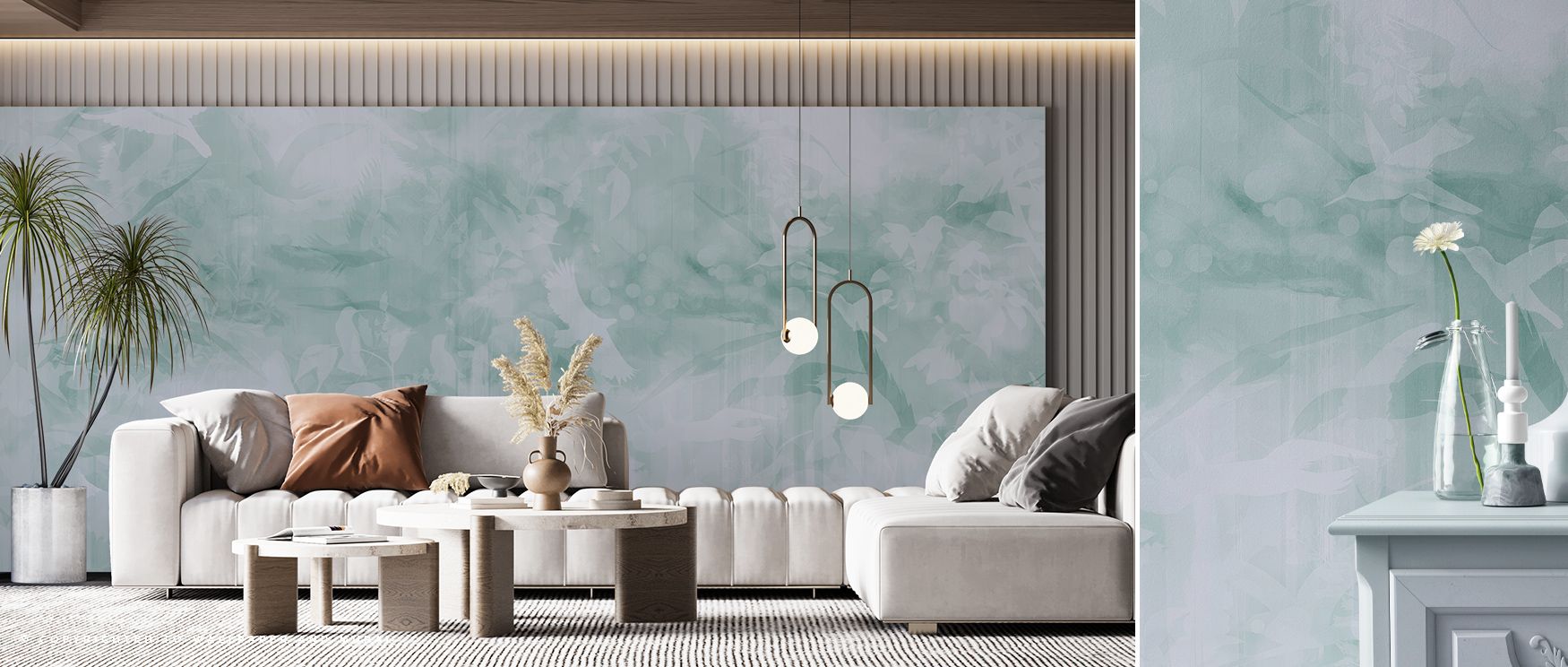 Whimsy thrives in Birds of Freedom Blueish Green Wallpaper across playful tones, enriching lounges or dining areas with atmosphere guided by cultural resonance, refined resonance, and artistic elegance, shaping interiors into imaginative spaces filled wit