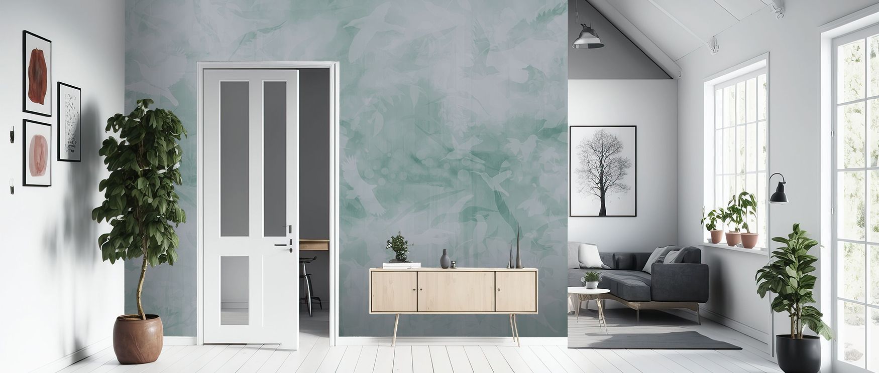 Flight patterns in Birds of Freedom Blueish Green Wallpaper develop poetic rhythm, enriching bedrooms or lounges with atmosphere enriched by cultural resonance, whimsical refinement, and artistic resonance, nurturing interiors into balanced spaces filled 