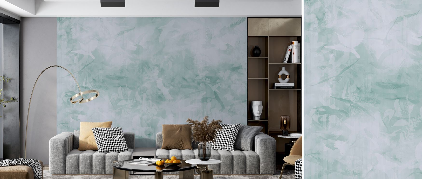 Harmony grows in Birds of Freedom Blueish Green Wallpaper across playful layers, enriching bedrooms or living rooms with atmosphere enriched by cultural resonance, whimsical refinement, and timeless resonance, creating interiors into artistic environments
