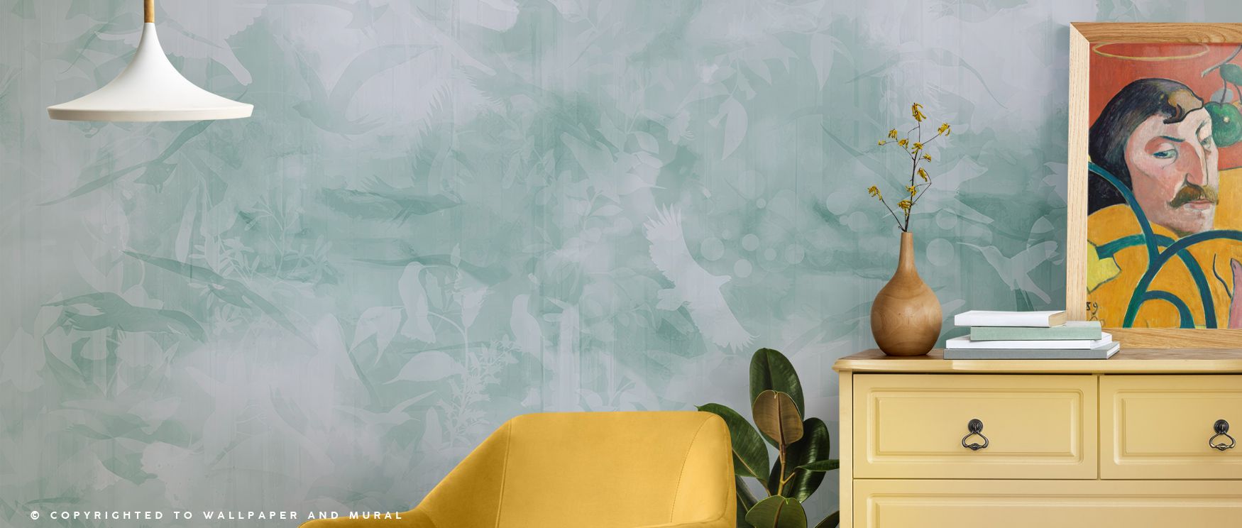 Serenity resonates in Birds of Freedom Blueish Green Wallpaper through layered hues, surrounding living rooms or lounges with atmosphere enriched by cultural resonance, whimsical refinement, and artistic balance, nurturing interiors into timeless spaces g
