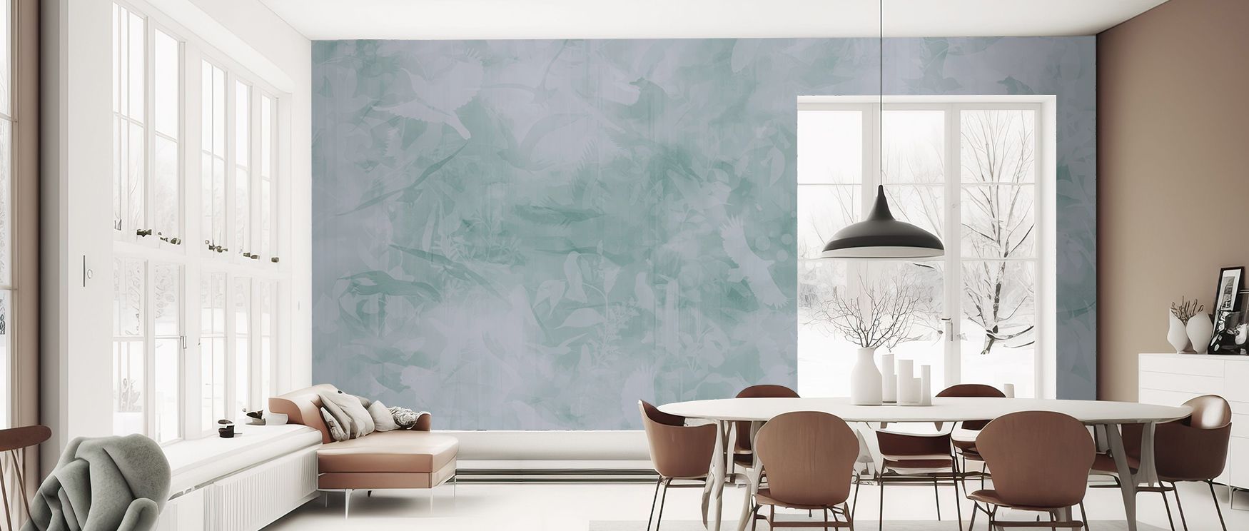Imagination flows in Birds of Freedom Blueish Green Wallpaper through motifs scattered in layered hues, surrounding lounges or bedrooms with atmosphere enriched by cultural resonance, whimsical refinement, and poetic resonance, transforming interiors into