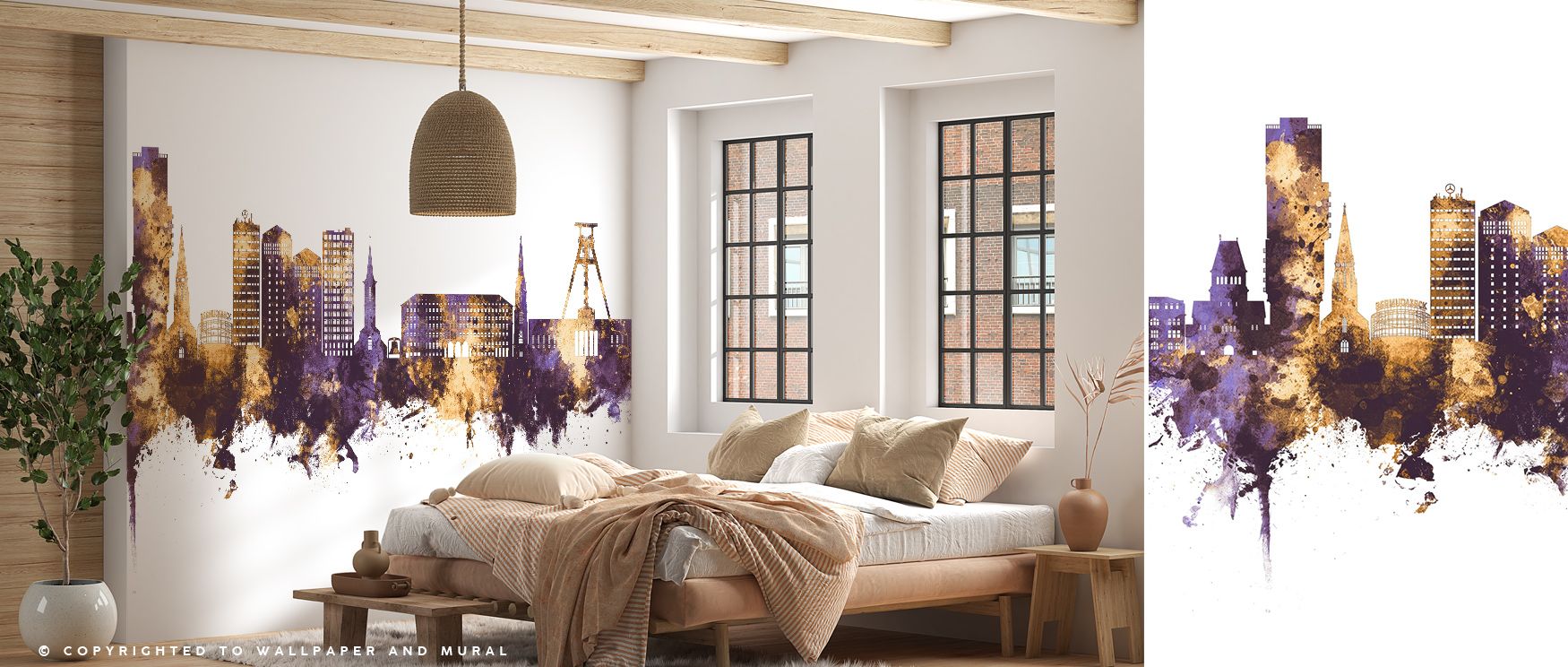Silhouettes shine in Bochum Germany Skyline Purple & Gold Wallpaper through radiant contrasts, enriching bedrooms or lounges with atmosphere enriched by cultural resonance, heritage grounding, and timeless elegance, nurturing interiors into luminous space