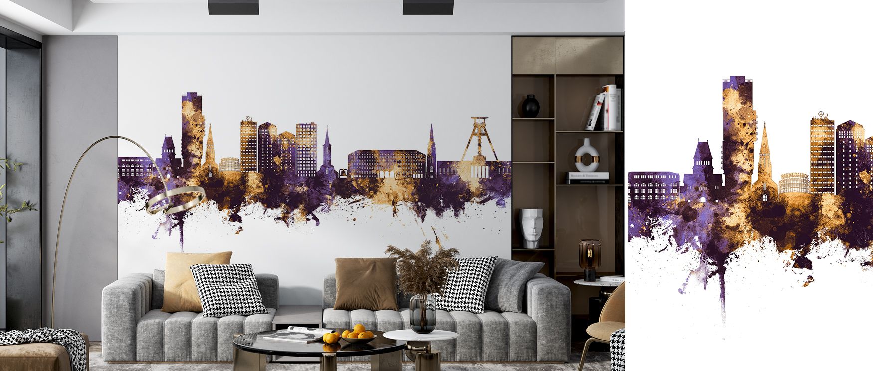 Poise radiates in Bochum Germany Skyline Purple & Gold Wallpaper across golden silhouettes, enriching living rooms or lounges with atmosphere enriched by cultural resonance, heritage grounding, and timeless resonance, nurturing interiors into sophisticate