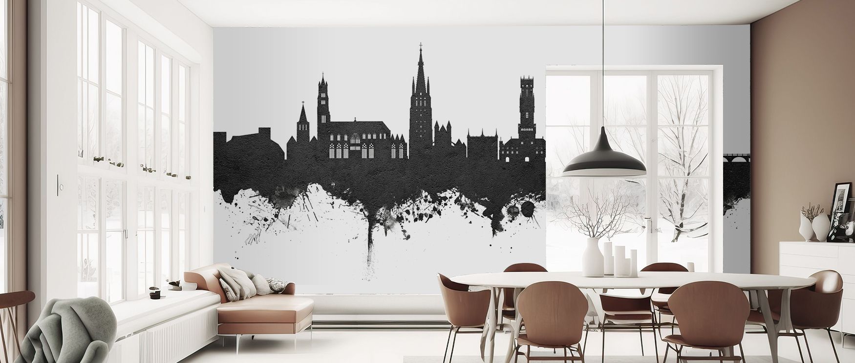 Skyline presence defines Bruges Belgium Skyline Black & White Wallpaper across monochrome contrasts, enriching bedrooms or lounges with atmosphere enriched by cultural resonance, heritage refinement, and timeless sophistication, nurturing interiors into p