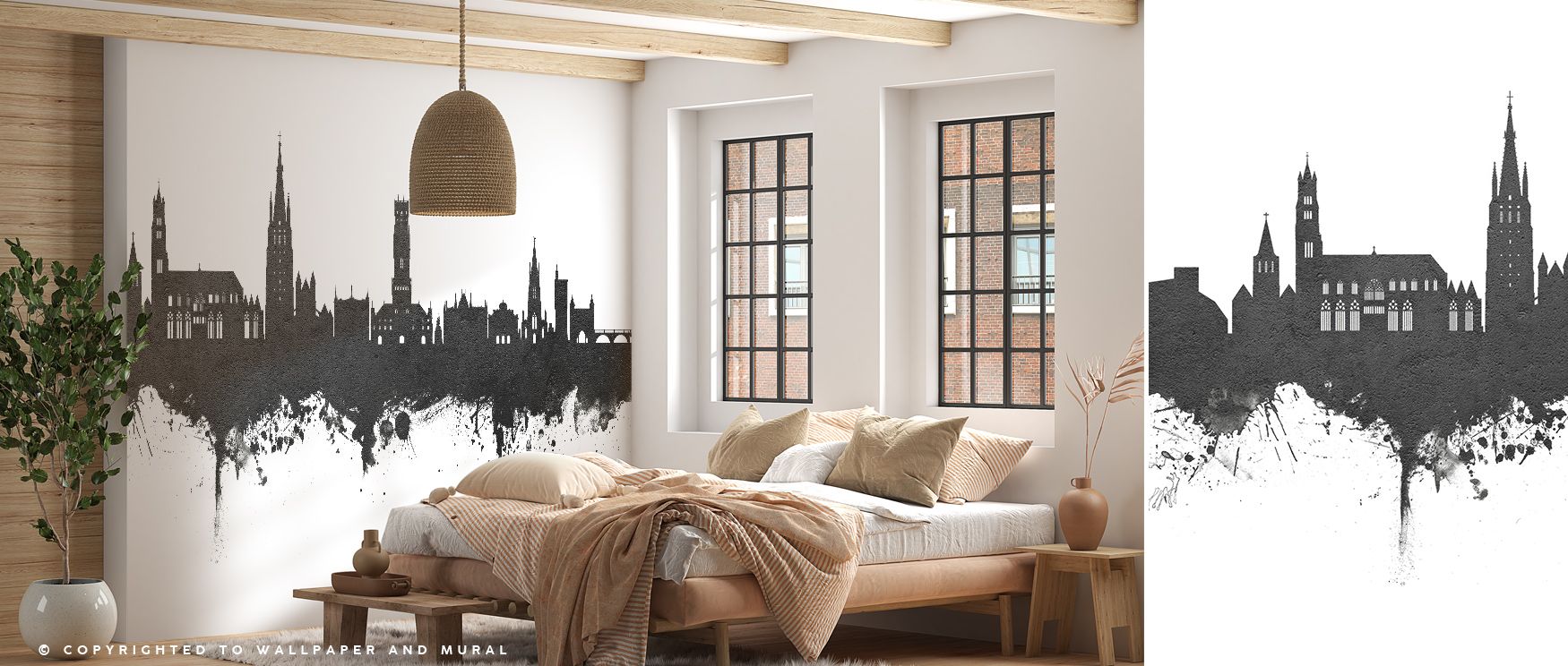 Heritage depth resonates in Bruges Belgium Skyline Black & White Wallpaper across softened contours, surrounding living rooms or bedrooms with atmosphere enriched by cultural resonance, timeless refinement, and elegant charm, shaping interiors into balanc