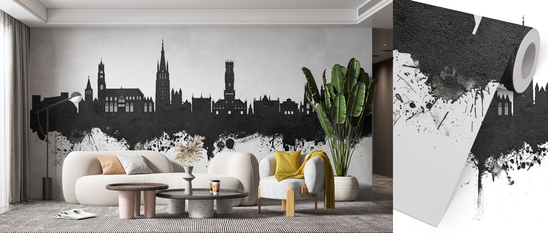 Shadows flow in Bruges Belgium Skyline Black & White Wallpaper through monochrome detail, enriching bedrooms or lounges with atmosphere enriched by cultural resonance, heritage resonance, and timeless refinement, transforming interiors into poised cultura
