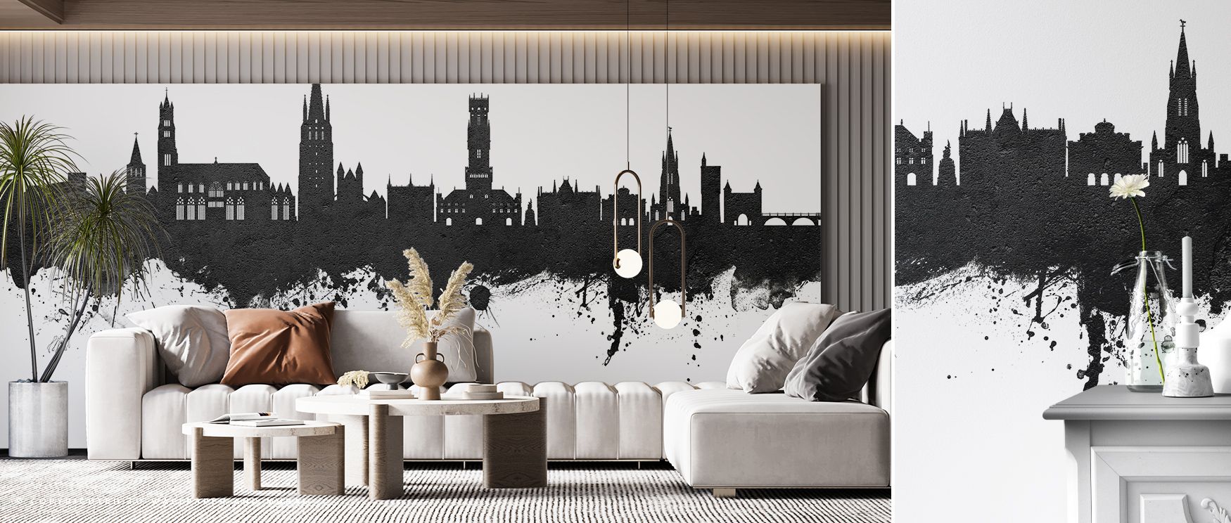 Balance thrives in Bruges Belgium Skyline Black & White Wallpaper across skyline silhouettes, enriching living rooms or lounges with atmosphere enriched by cultural resonance, heritage refinement, and timeless charm, nurturing interiors into heritage-insp
