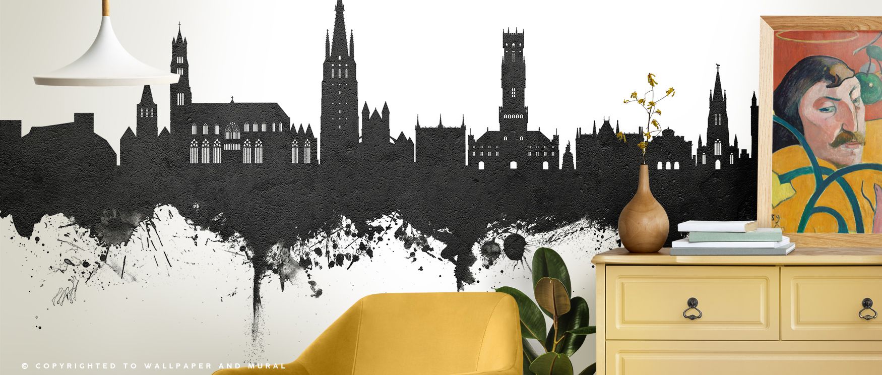 Serenity builds in Bruges Belgium Skyline Black & White Wallpaper across monochrome tones, enriching lounges or bedrooms with atmosphere enriched by cultural resonance, heritage refinement, and timeless resonance, creating interiors guided by poise. 