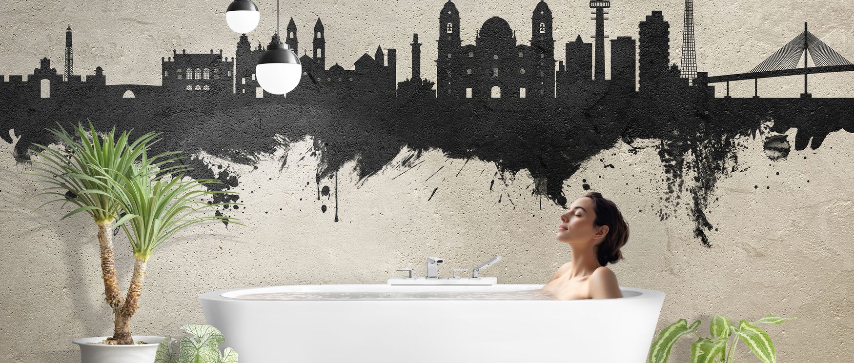 Heritage depth thrives in Cádiz Spain Skyline Concrete Wallpaper across muted contrasts, surrounding living rooms or bedrooms with atmosphere enriched by cultural grounding, historical refinement, and timeless elegance, shaping interiors into balanced art