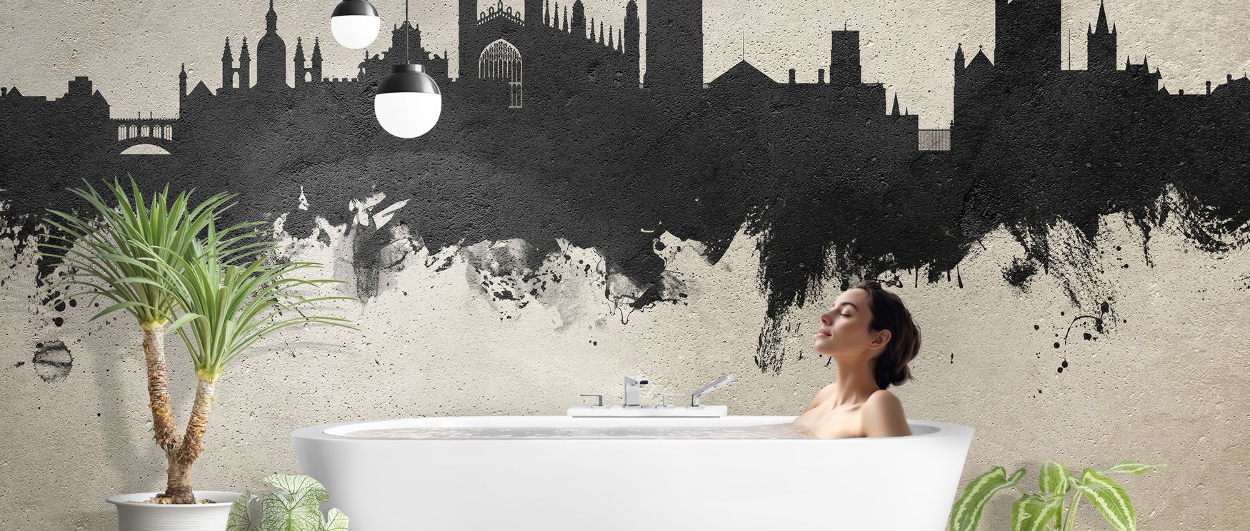 Architectural depth shines in Cambridge England Skyline Concrete Wallpaper through softened silhouettes, surrounding living rooms or bedrooms with atmosphere enriched by cultural grounding, historical resonance, and timeless refinement, nurturing interior