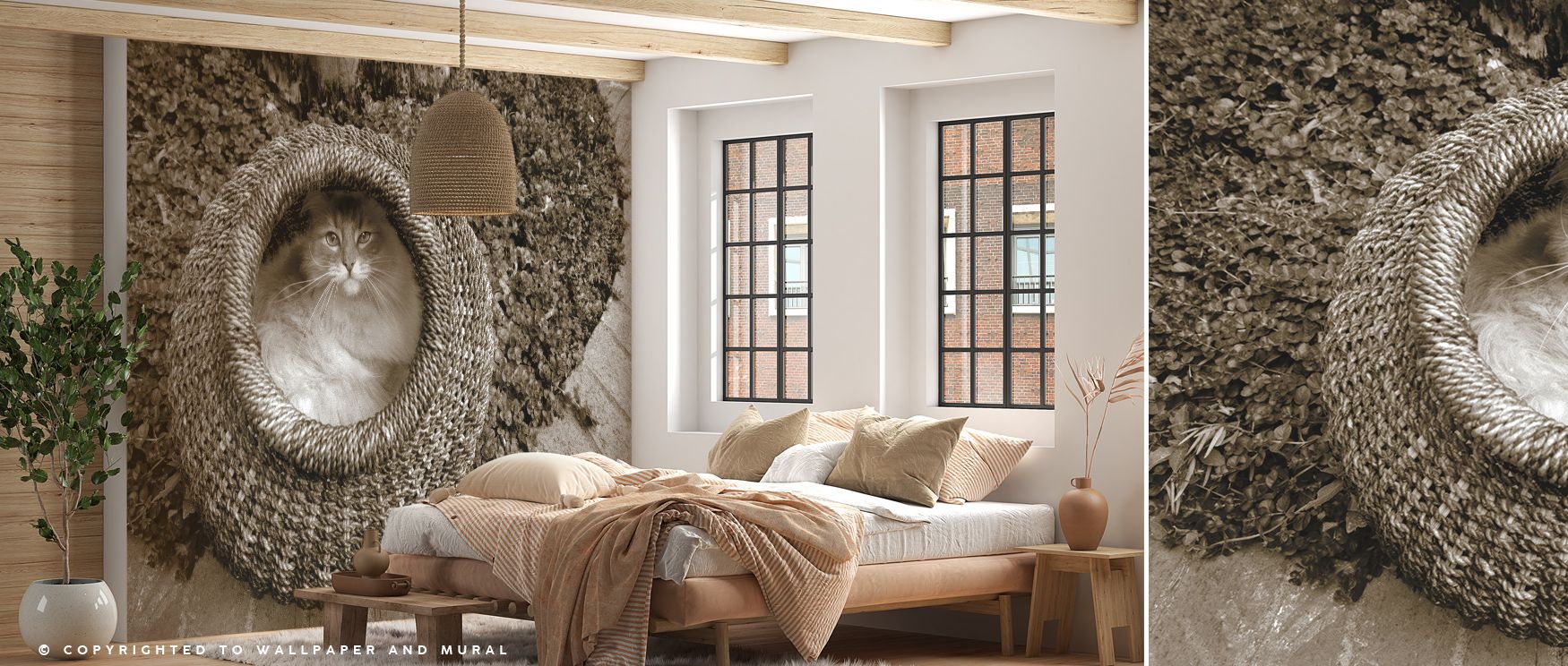 Playful spirit thrives in Cat In The Basket Wallpaper across rhythmic tones, surrounding living rooms or bedrooms with atmosphere enriched by cultural resonance, whimsical refinement, and timeless elegance, nurturing interiors into balanced artistic expre