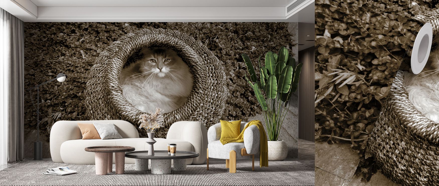 Joy radiates in Cat In The Basket Wallpaper through layered feline patterns, enriching lounges or dining rooms with atmosphere enriched by cultural resonance, lively resonance, and timeless refinement, shaping interiors into imaginative artistic spaces. 