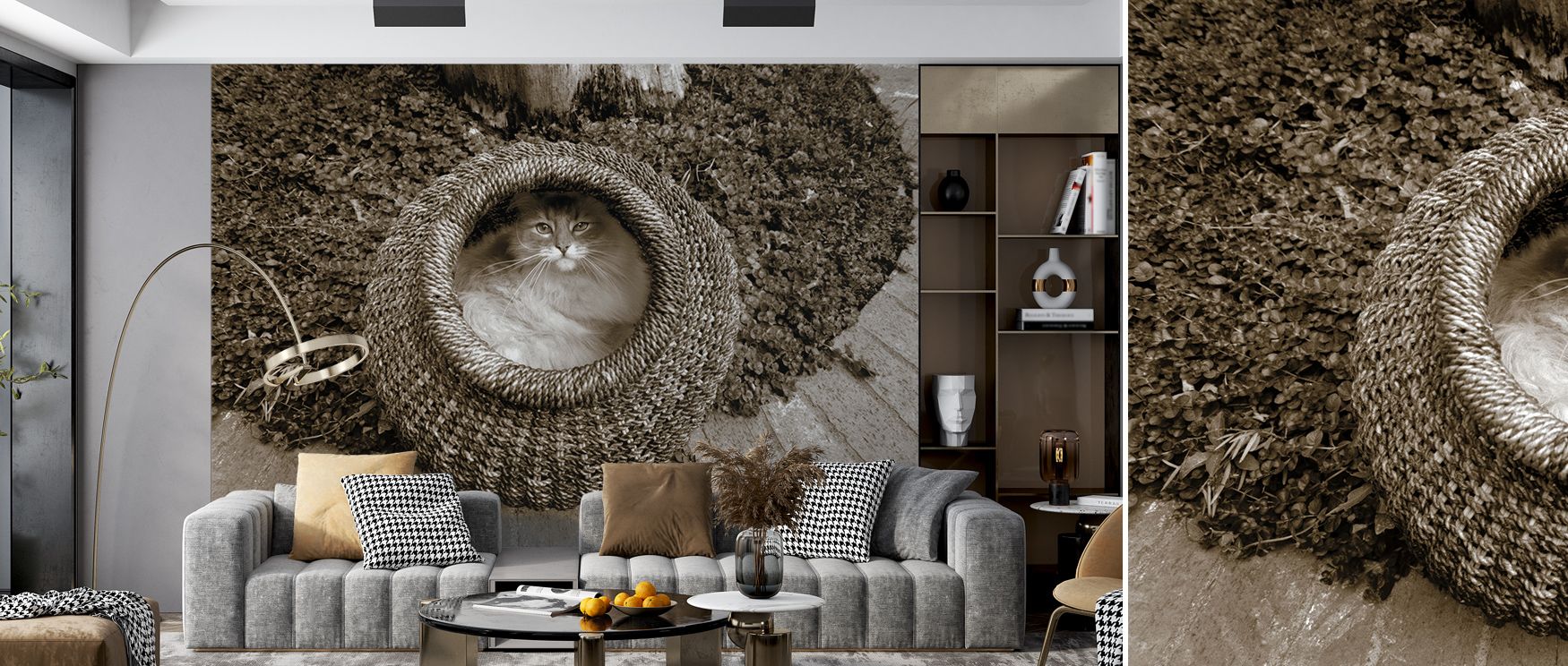 Liveliness shines in Cat In The Basket Wallpaper across feline motifs, enriching bedrooms or living rooms with atmosphere enriched by cultural resonance, playful refinement, and timeless resonance, nurturing interiors into poised spaces of artistry. 