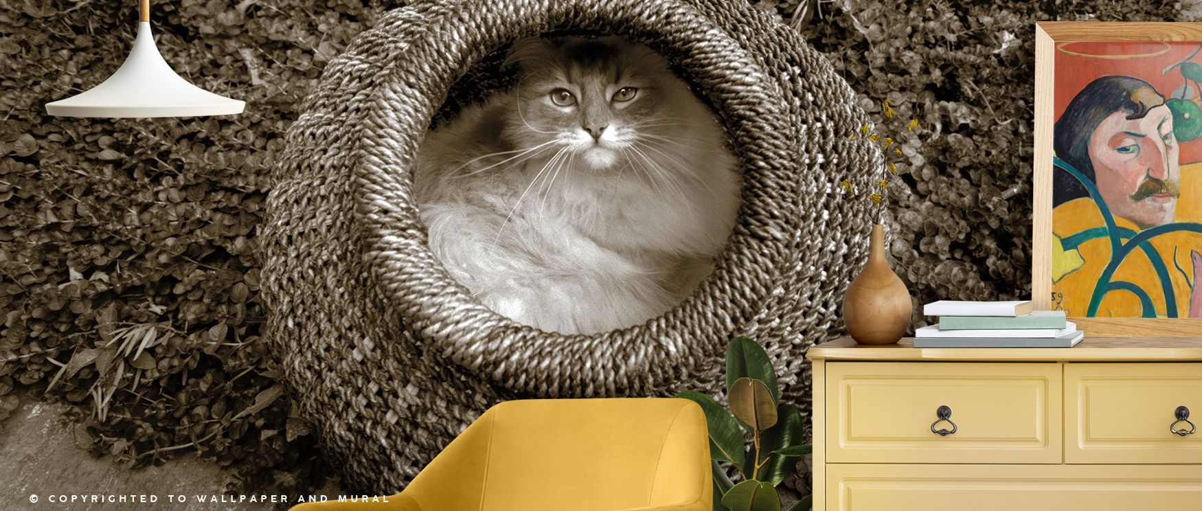 Elegance reflects in Cat In The Basket Wallpaper through feline motifs, enriching living rooms or lounges with atmosphere enriched by cultural resonance, whimsical refinement, and timeless sophistication, creating interiors guided by artistic resonance. 