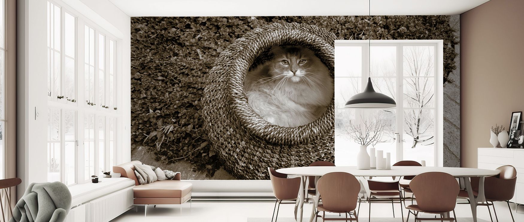 Depth develops in Cat In The Basket Wallpaper through layered playful presence, enriching bedrooms or dining rooms with atmosphere enriched by cultural resonance, whimsical resonance, and timeless refinement, transforming interiors into artistic expressio