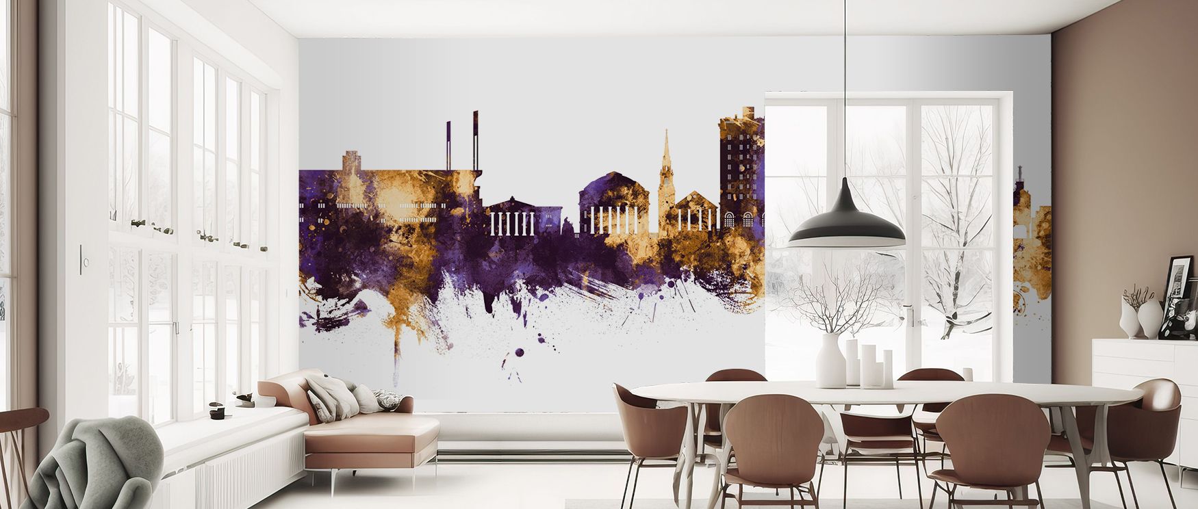 Grandeur builds in Charlottesville Virginia Skyline Purple & Gold Wallpaper through purple depths crowned with gold, enriching lounges or dining rooms with atmosphere enriched by cultural resonance, luminous refinement, and timeless resonance, shaping int