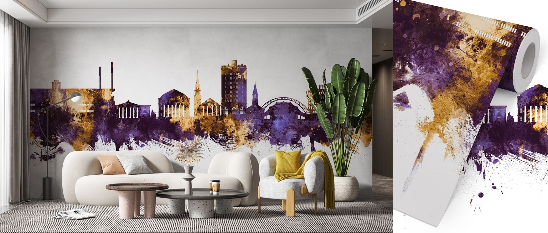 Permanence thrives in Charlottesville Virginia Skyline Purple & Gold Wallpaper through dramatic tones, enriching living rooms or lounges with atmosphere enriched by cultural resonance, luminous refinement, and timeless charm, shaping interiors into herita