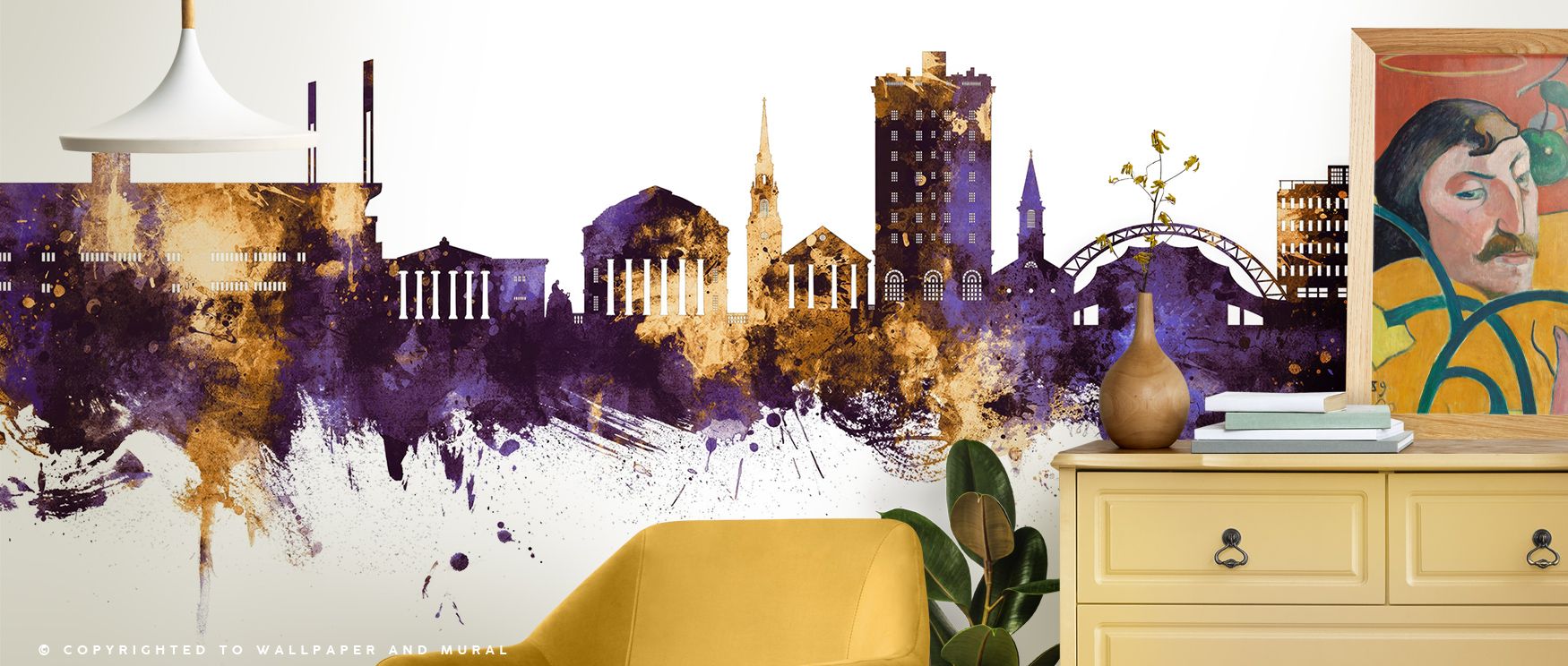 Heritage resonance shines in Charlottesville Virginia Skyline Purple & Gold Wallpaper through golden contours, enriching bedrooms or living rooms with atmosphere enriched by cultural resonance, heritage refinement, and timeless resonance, nurturing interi