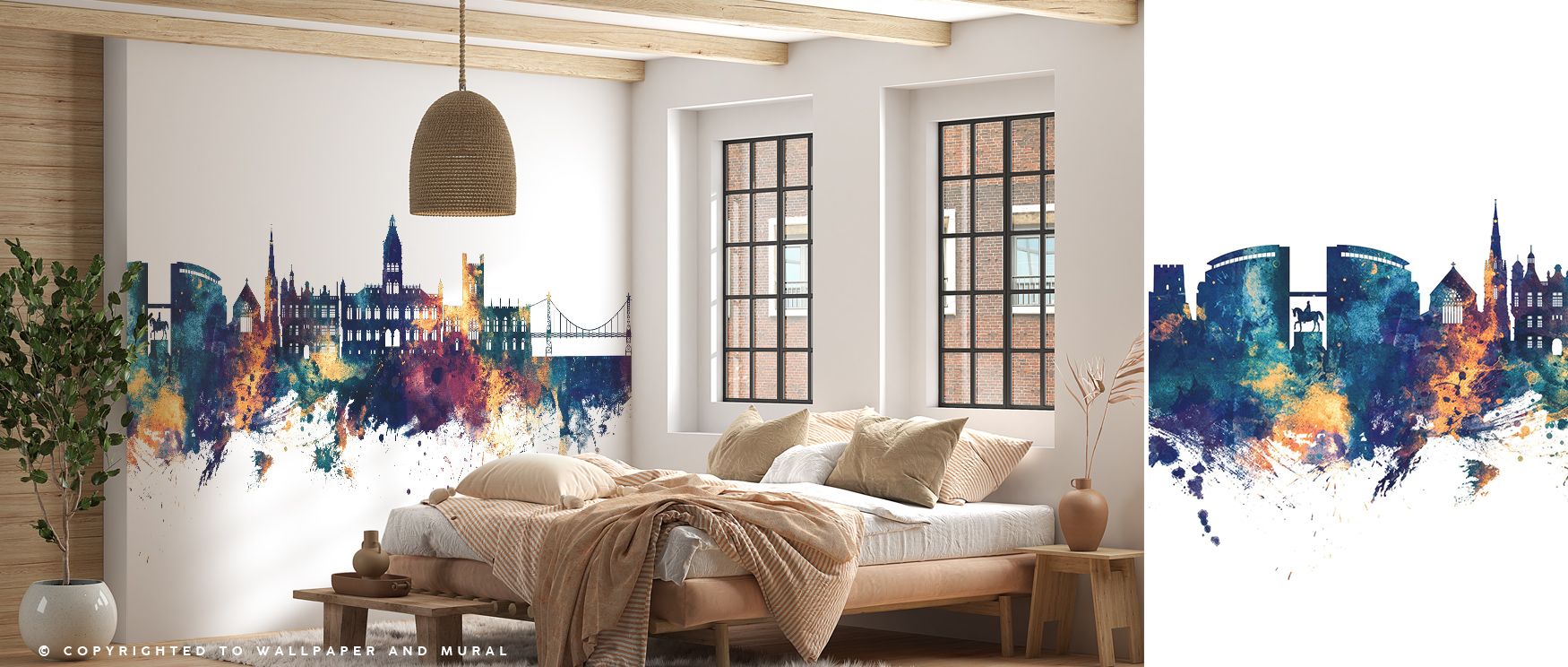 Skyline presence develops in Chester England Skyline Blue & Bronze Wallpaper across deep blue contrasts, surrounding living rooms or bedrooms with atmosphere enriched by cultural resonance, luminous refinement, and timeless sophistication, shaping interio