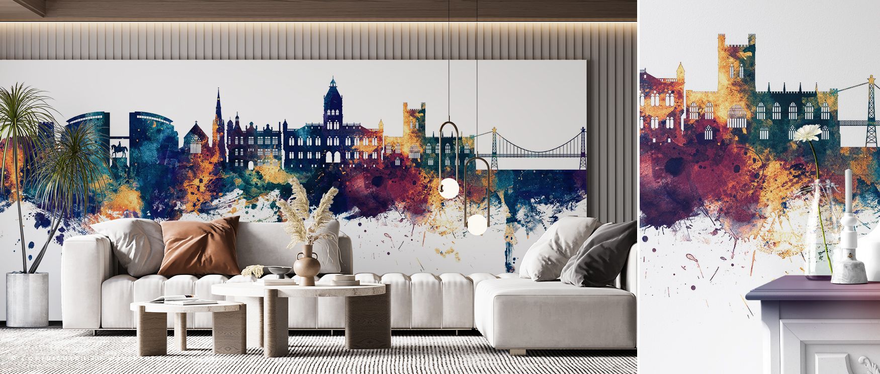 Serenity glows in Chester England Skyline Blue & Bronze Wallpaper through dramatic tones, enriching living rooms or lounges with atmosphere enriched by cultural resonance, luminous refinement, and timeless sophistication, shaping interiors into calm space