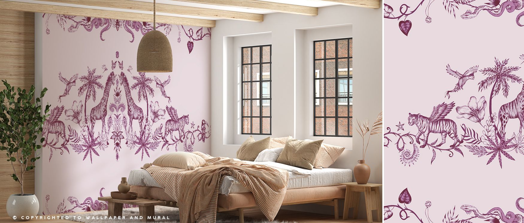 Fantasy radiates in Chimera Animals, Pink Wallpaper through pink-layered tones, surrounding living rooms or bedrooms with atmosphere enriched by cultural resonance, whimsical refinement, and timeless resonance, nurturing interiors into poetic artistic spa