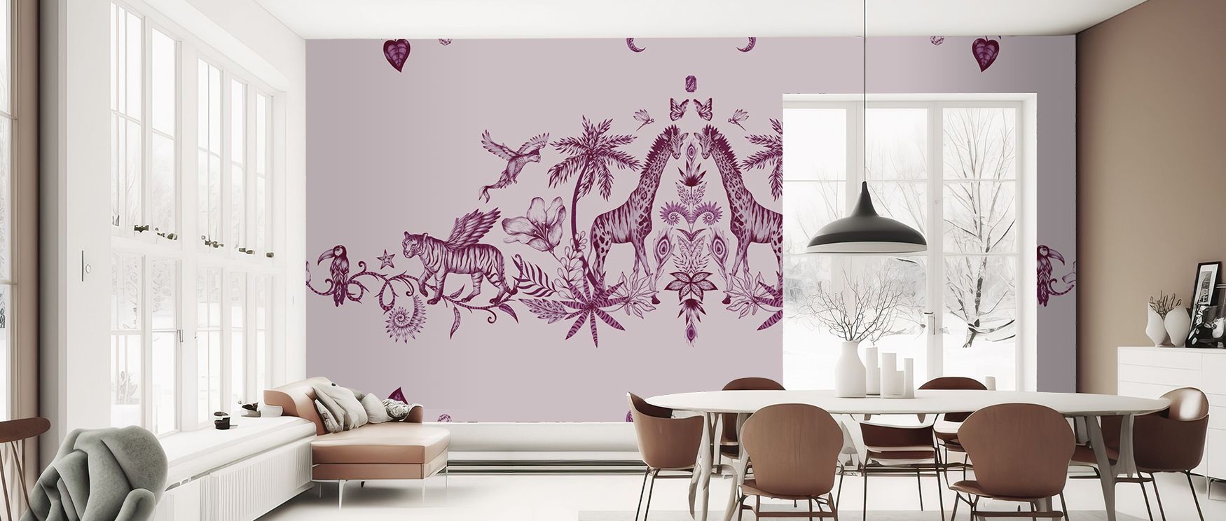 Depth blooms in Chimera Animals, Pink Wallpaper across playful tones, enriching bedrooms or dining spaces with atmosphere enriched by cultural resonance, whimsical refinement, and timeless resonance, turning interiors into artistic expressions filled with