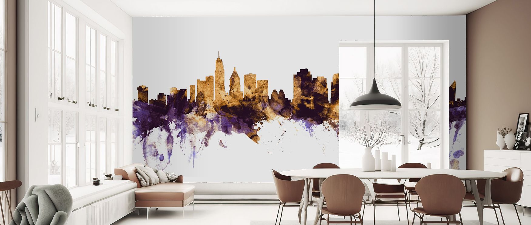 Heritage resonance develops in Cincinnati Ohio Skyline Purple & Gold Wallpaper across purple silhouettes, surrounding living rooms or bedrooms with atmosphere enriched by cultural resonance, luminous refinement, and timeless charm, nurturing interiors int